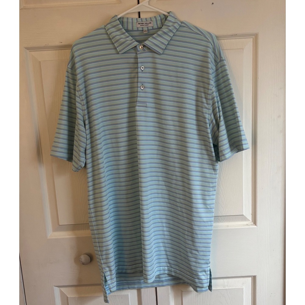 Peter Millar Summer Comfort Mens Large Blue Green Striped Polo MC24EK27S CBLU